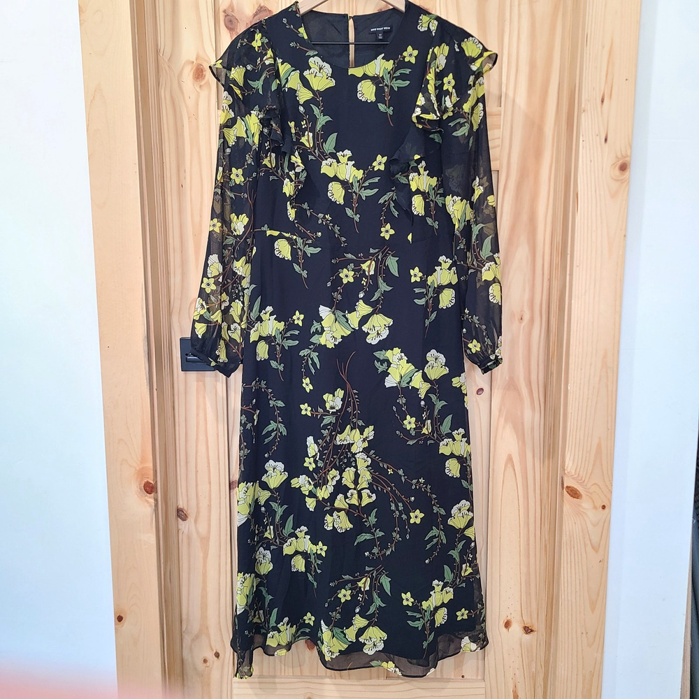 Who What Wear Black Yellow Floral Sheer Sleeve Dress Lined Ruffle Size M